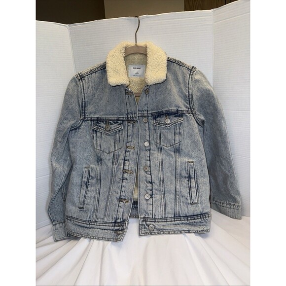 Old Navy Womens Denim Jacket Petite SM Sherpa Lining Flap Pockets Western - Picture 4 of 14
